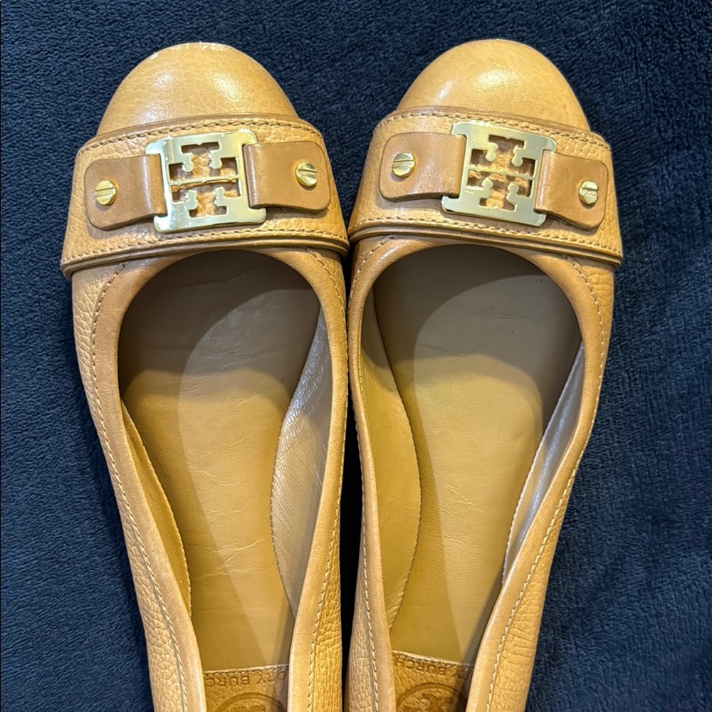 Tory Burch Tan Leather Flats with Gold Embellishment